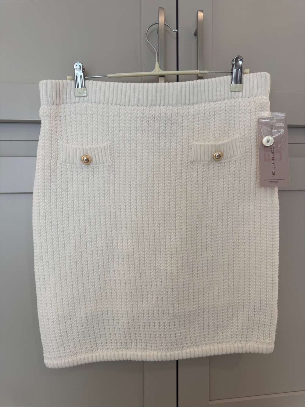 French Connection Cream Knit Pencil Skirt with Gold Buttons